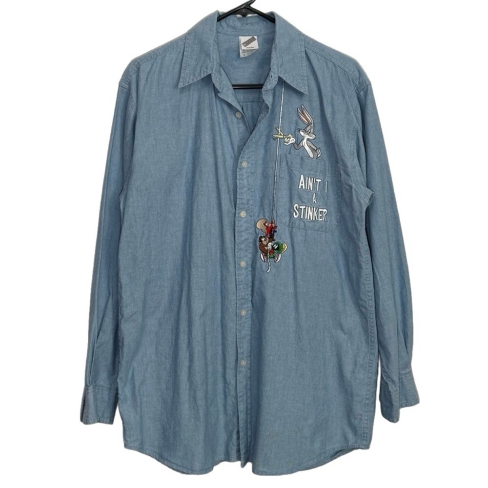 Warner Bros. Vintage Light Blue Embroidered Bugs Bunny Stinker Denim Shirt sz S